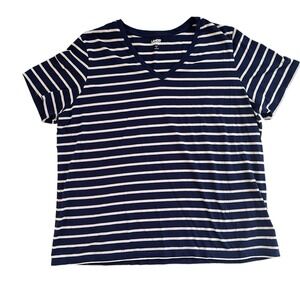 Lands' End Women's Size XLT 18 V-Neck T-Shirt Navy Blue White Stripe 100% Cotton